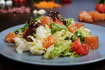 salad with salmon and vegetables on the background of the composition of the salad