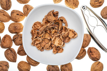 Nuts (whole and open) with cascador. Isolated on white background.