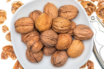 Nuts (whole and open) with cascador. Isolated on white background.