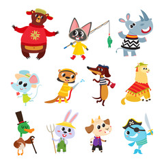 Collection of cute cartoon animals in costume isolated on white.