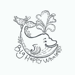 Big Happy Whale. A cute freehand drawn illustration for a summer mood. Vector doodle character whale smiles.
