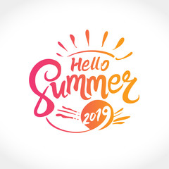Hello Summer 2019. Vector logo. Flat design of seasonal handwritten yellow label.