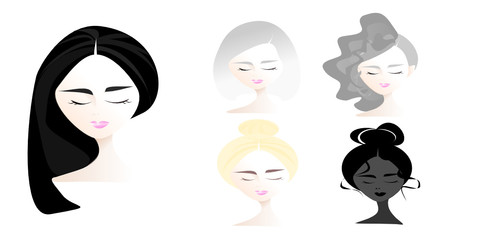  Vector Happy International  Woman Day. Illustration of a woman's face with eyes closed, hair is different. Lady cartoon character  on  isolated background.