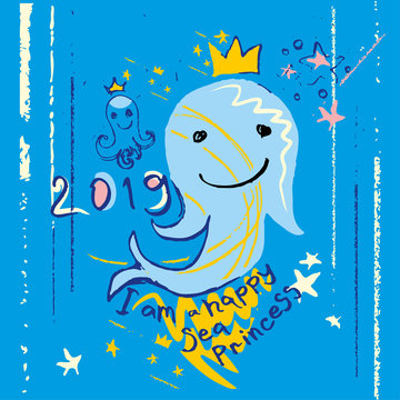 I am a happy sea princess. Sketch with a cartoon fish smiling. Vector hand draw bright illustration.