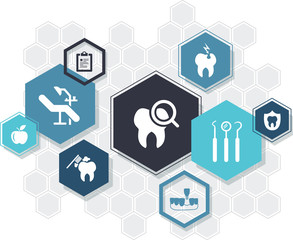 dental care / dentistry / oral hygiene / dental treatment icon concept: connected dental health symbols with hexagons - vector illustration