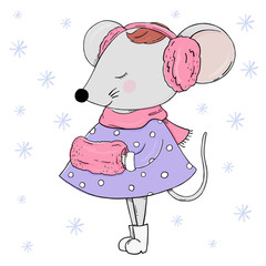Cute mouse in warm clothes. Greeting card for New year and Christmas.