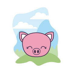 head of cute piggy animal in landscape