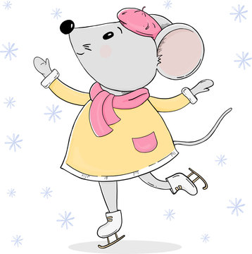 Cute mouse in warm clothes on skates. Greeting card for New year and Christmas.
