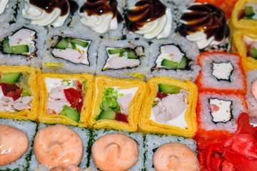 Top view of big set of sushi and rolls.