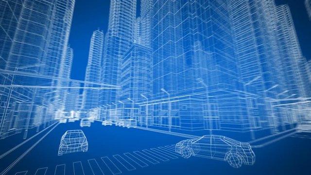 Abstract City Grid Buildings and Cars Moving on the Streets Seamless. Blueprint Style. Looped 3d Animation. Urban Technology Concept. 4k UHD 3840x2160.