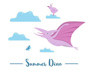 Illustration of dino flying among the clouds with bird and dragonfly. Summer scene with cute dinosaur. Funny prehistoric reptiles print for children.