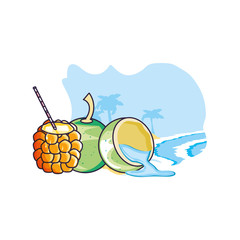 cocktail of pineapple in the beach with coconut