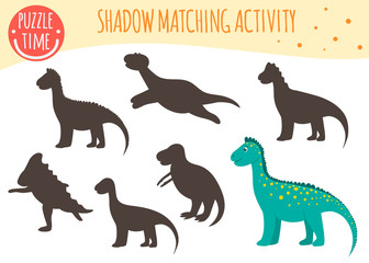Shadow matching activity for children. Dinosaur topic. Cute funny smiling dinos.