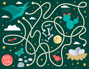 Maze for children. Preschool activity with dinosaur. Puzzle game with pterodactyl, clouds, eggs in nest, bones, butterfly, bird, moon, star. Cute funny smiling characters.. © Lexi Claus