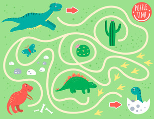 Maze for children. Preschool activity with dinosaur. Puzzle game with diplodocus, T-rex, baby dino. Cute funny smiling characters..
