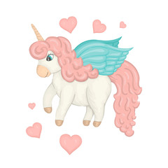 Vector unicorn in pastel colors with hearts. Watercolor style cute character for children. Fairytale magical creature illustration. Good for clothes, prints, patches, stationery..
