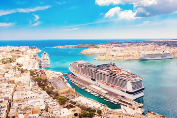 Cruise ship liner port of Valletta, Malta. Aerial view photo - obrazy, fototapety, plakaty