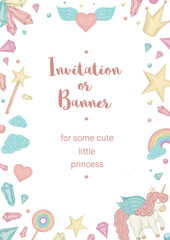 Vector vertical frame with unicorn, rainbow, crown, star, cloud, crystals. Card template for children event. Girlish cute invitation or banner design..