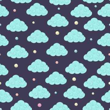Vector seamless pattern with clouds and colored circles. Magical unicorn themed repeat background. Good for children textile, clothes, stationery, baby shower .