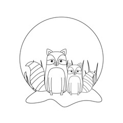 cute group of raccoons animals in landscape