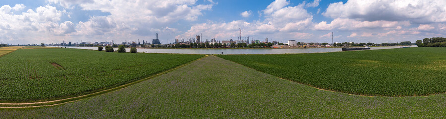 Industrial landscape with the river Rhine and chemical production plants at Ludwigshafen as seen...