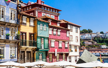 Tenement houses on Ribeira Square in Porto city on Iberian Peninsula, second largest city in Portugal.