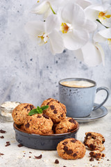 Cookies with oat flakes and chocolate drops. Delicious sweet dessert.