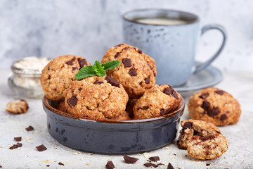 Cookies with oat flakes and chocolate drops. Delicious sweet dessert.