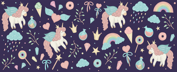 Vector set with unicorn cliparts. Horizontal banner with cute rainbow, crown, star, cloud, crystals for social media. Sweet girlish illustration. Watercolor effect fairytale design elements  - obrazy, fototapety, plakaty