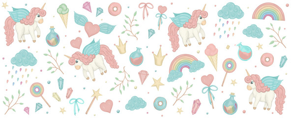 Vector set with unicorn cliparts. Horizontal banner with cute rainbow, crown, star, cloud, crystals for social media. Sweet girlish illustration. Watercolor effect fairytale design elements..