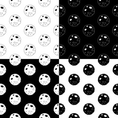 Cute cartoon moon pattern set with cheerful moon. Funny vector black and white moon pattern set. Seamless monochrome doodle moon pattern set for textile, wallpapers, wrapping paper, cards and web. 