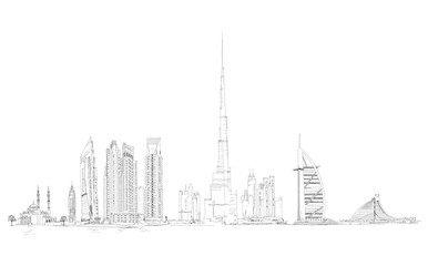 Naklejka premium Dubai. Burj Khalifa, city with skyscrapers. Cityscape sketch Illustration