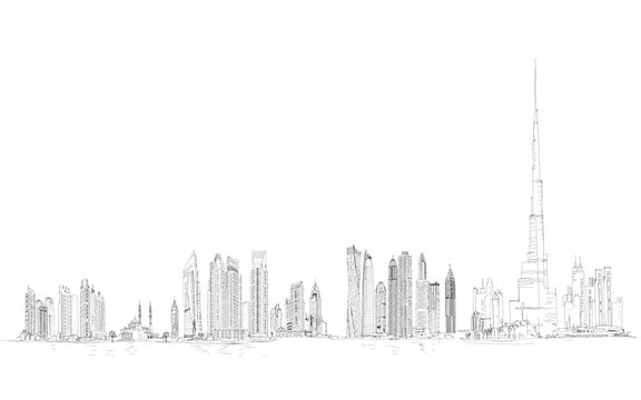 Dubai. Burj Khalifa, city with skyscrapers. Cityscape sketch Illustration