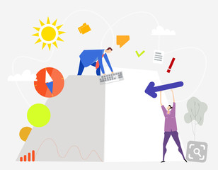 People, colleagues holding a bid banner with space for your text. Business background with icons and symbols