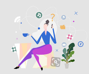 Young woman talking on the phone. Silhouette surrounded by icons as a symbol of busy life