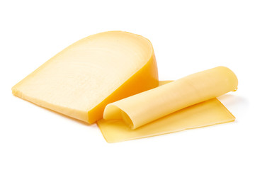 Hard Dutch gouda cheese, close-up, isolated on white background