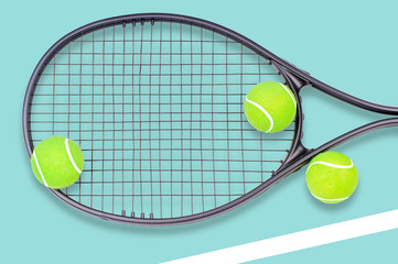 Tennis racket and ball sports on blue background