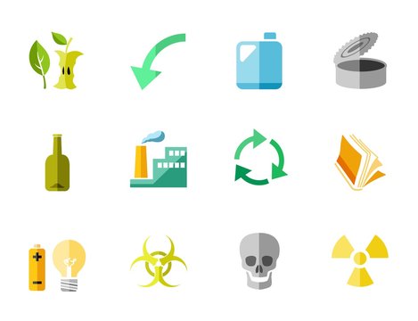 Waste collection and disposal, color icons, flat, vector. Garbage collection, different types of waste. Colored, flat pictures on a white background.  