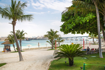 Fototapeta na wymiar Dubai, UAE, United Arab Emirates. Jumeirah island white sand beach view with palms