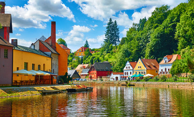 Cesky Krumlov (Czech Krumlov), Czech Republic. Antique town on river Vltava. Picturesque landscape...