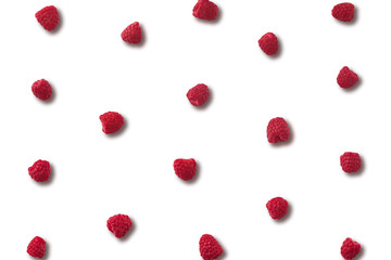 Pattern of raspberry isolated on white  background. Flat lay. Top view. Food background with summer berries. Creative minimalism