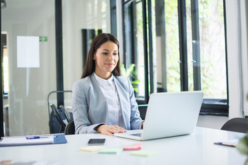 Young business woman using laptop in office