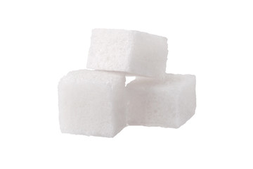 Close-up of three white sugar cubes, isolated on white background