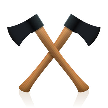 Crossed axes. Symbolic for lumberjack, firefighter or battles of the Middle Ages. Realistic 3D vector illustration on white background.