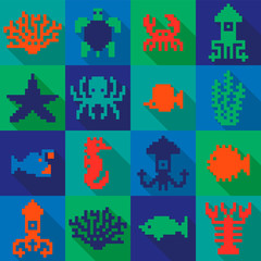 Seamless colorful pixel deep-sea icon pattern
