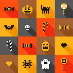 Pixel retro 8bit Halloween elements ghost, pumpkin, black cat, bat, candy game vector icon set seamless pattern - 274489049