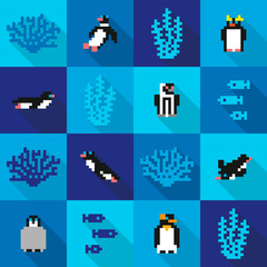 Seamless colorful pixel penguin icon pattern