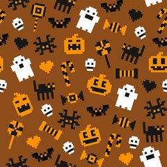 Pixel retro 8bit Halloween elements ghost, pumpkin, black cat, bat, candy game icon vector set seamless pattern
