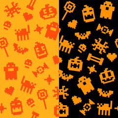 Pixel retro 8bit Halloween elements ghost, pumpkin, black cat, bat, candy game vector set seamless pattern - 274489229