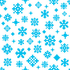 Pixel blue white winter snowflake seamless vector pattern - 274489286